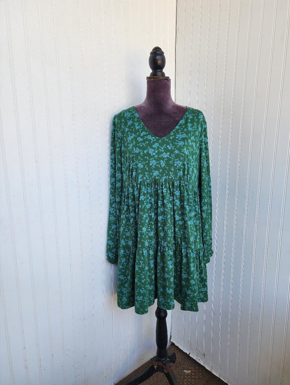 Green Floral Long Sleeve Tiered Mini Fairy Goth Cottagecore Peasant Dress Sz L